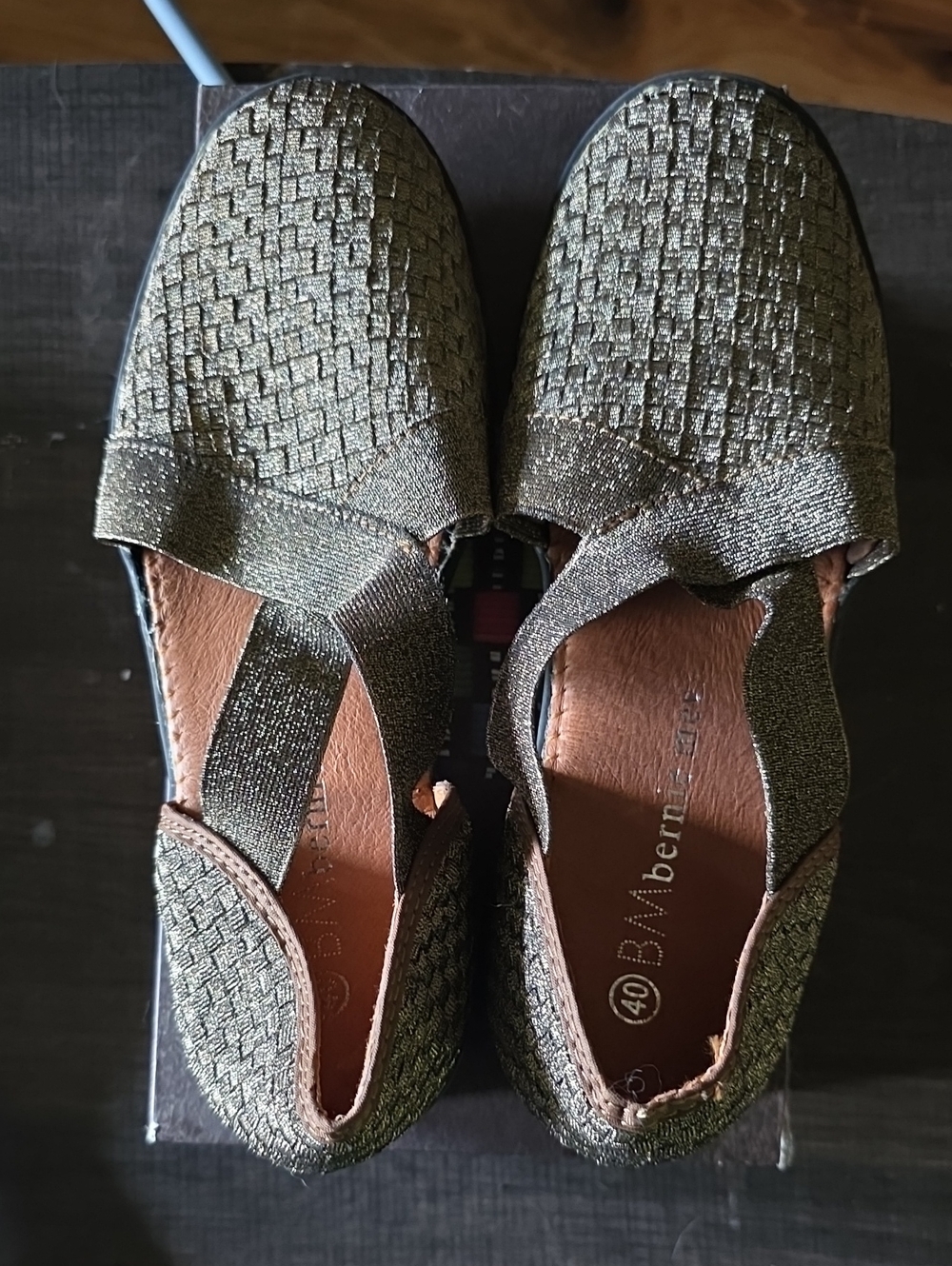 bernie mev. Layla Bronze Metallic Woven Slip-On Flats with Elastic Cross Strap